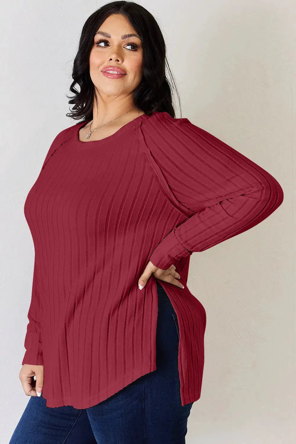 Basic Bae ribbed round-neck T-shirt in burgundy with a side slit.