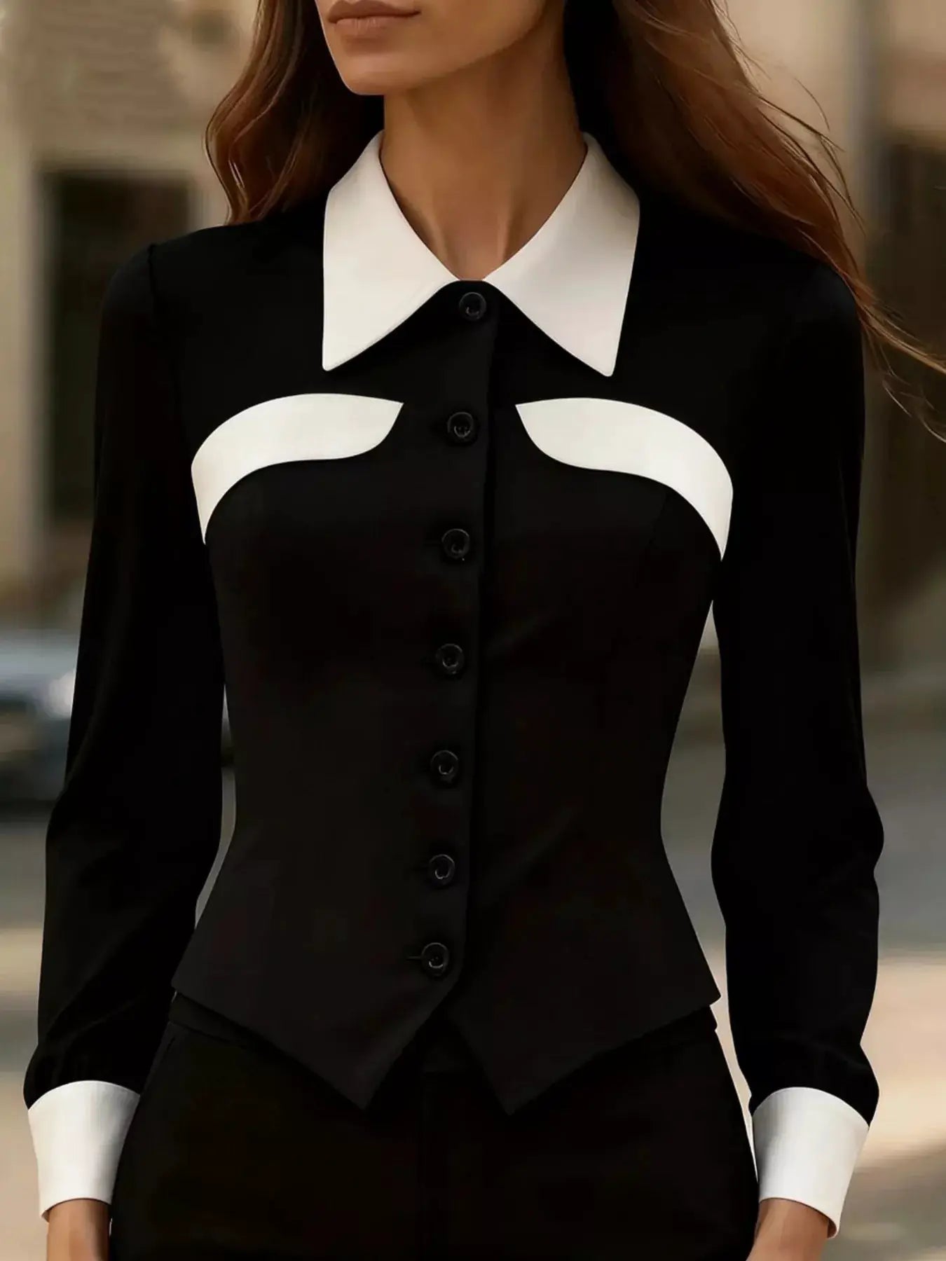 Belle Bijouix Contrast Button-Down Shirt, black with white collar and curved white chest panels, long sleeves.