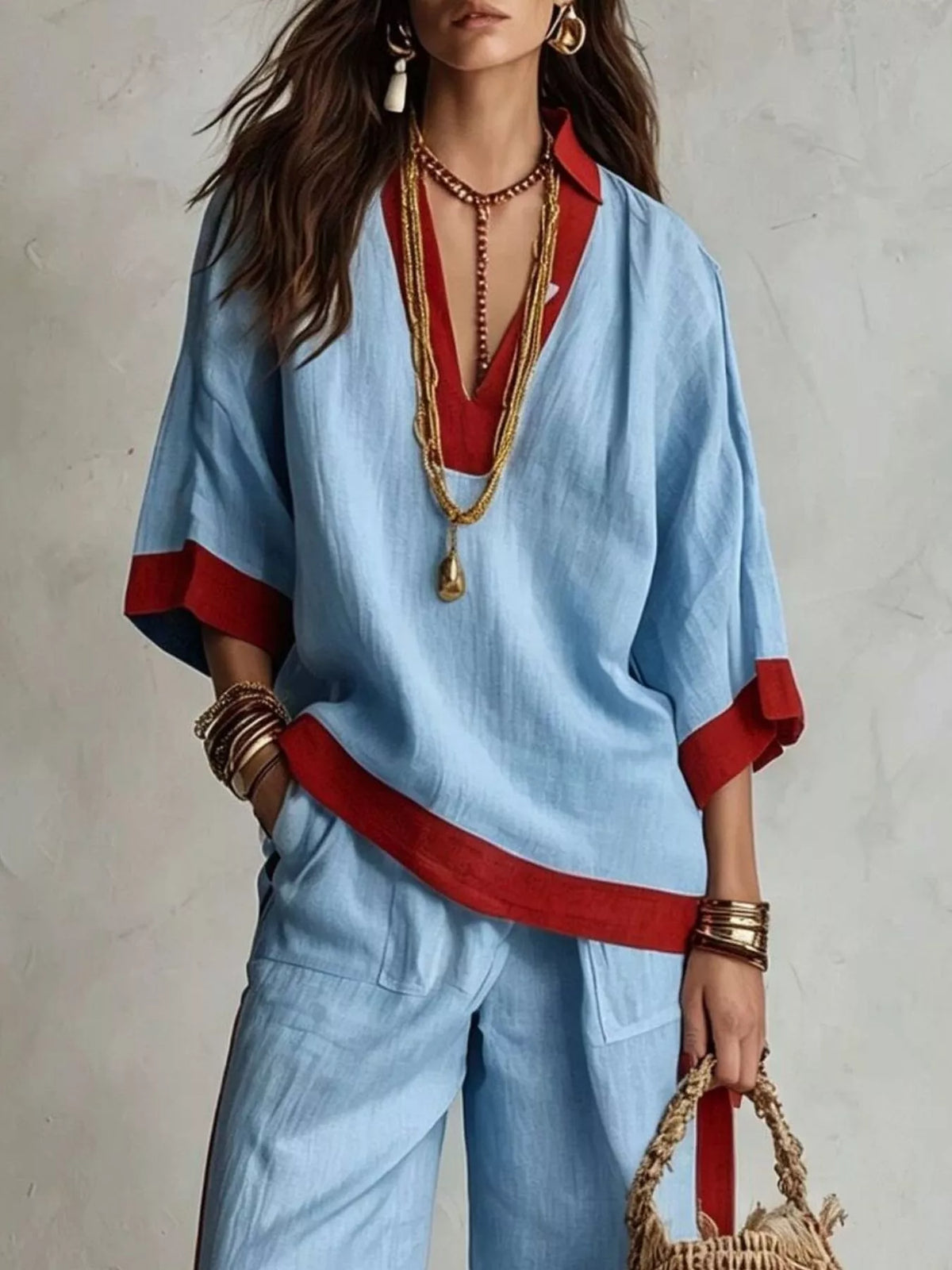 Contrast-Trim Top and Wide-Leg Pants Set
