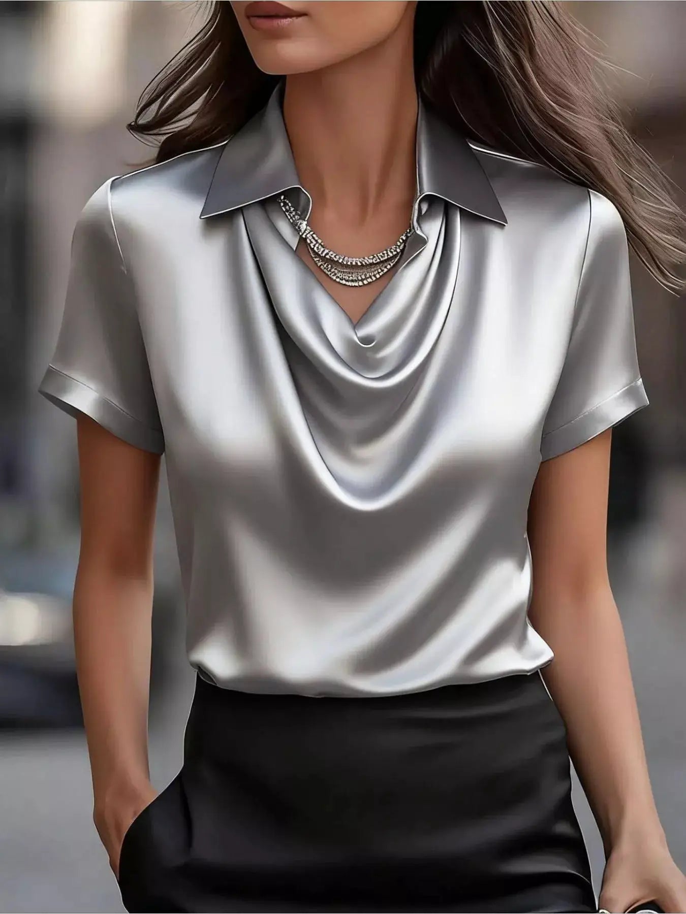 Full Size Cowl Neck Short Sleeve Satin Blouse in silver-gray, plus size by Trendsi