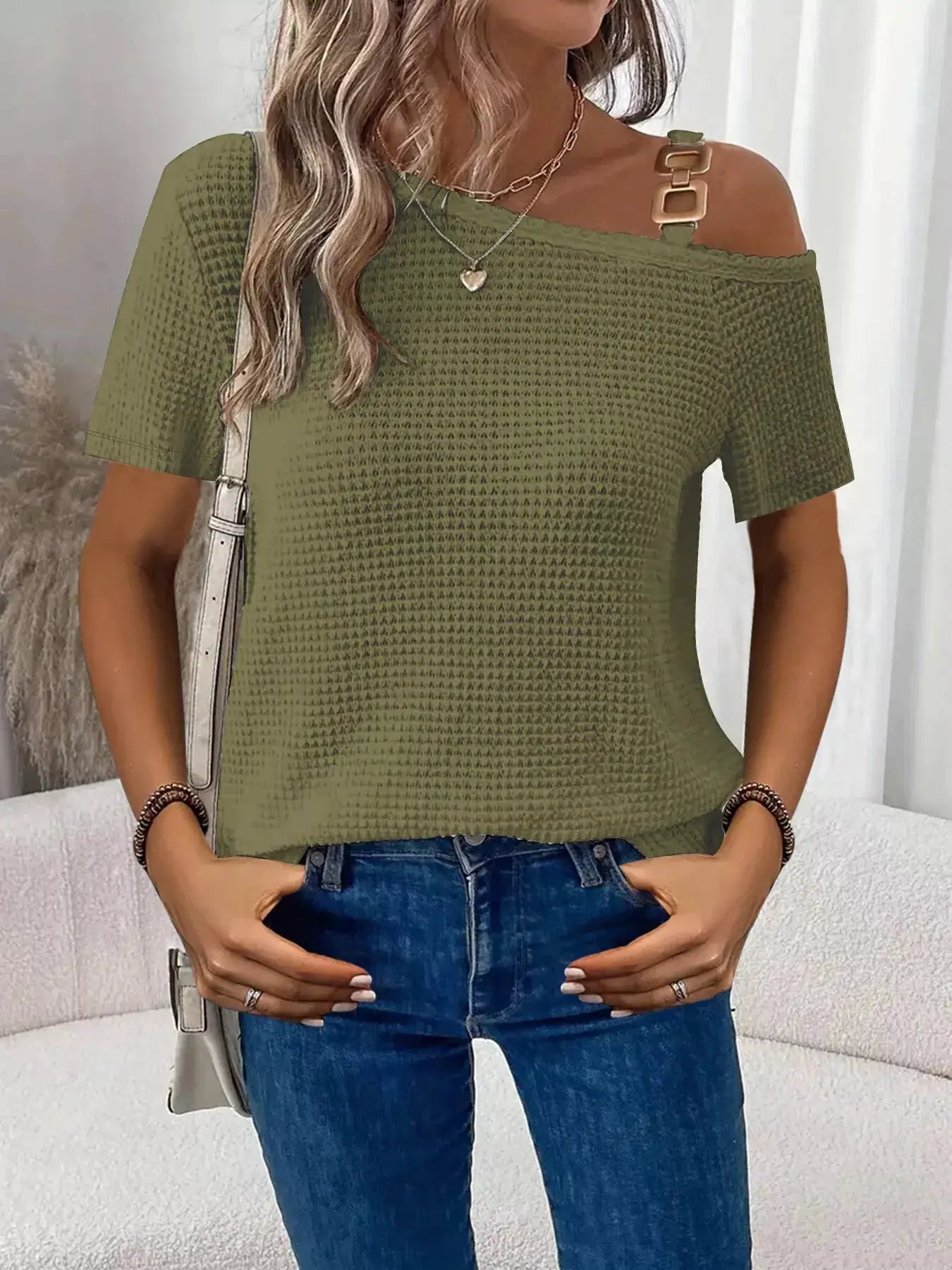 One-Shoulder Chain Detail Waffle Knit T-Shirt in olive green with gold chain accent.