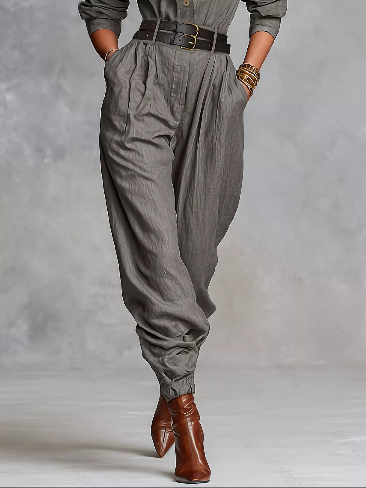 Button-Front Belted Long-Sleeve Jumpsuit