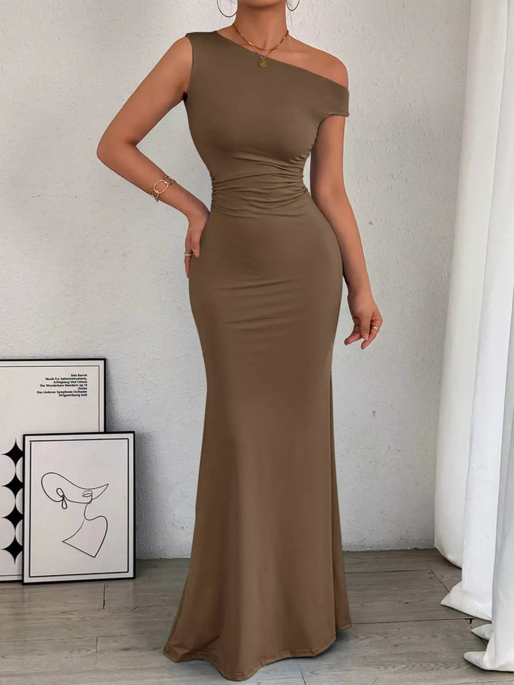 One-shoulder ruched bodycon maxi dress with side slit in taupe by Belle Bijouix