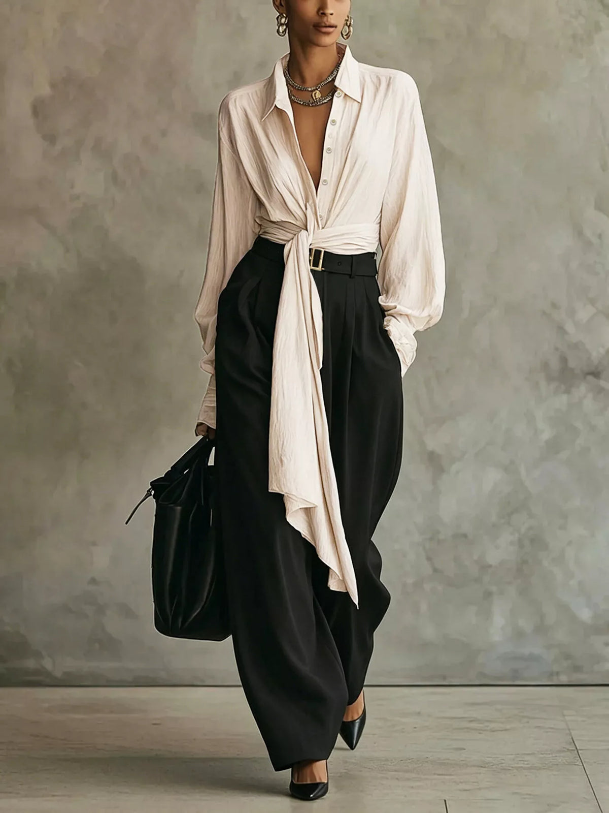 Tie-Front Shirt & Wide-Leg Pants Set
