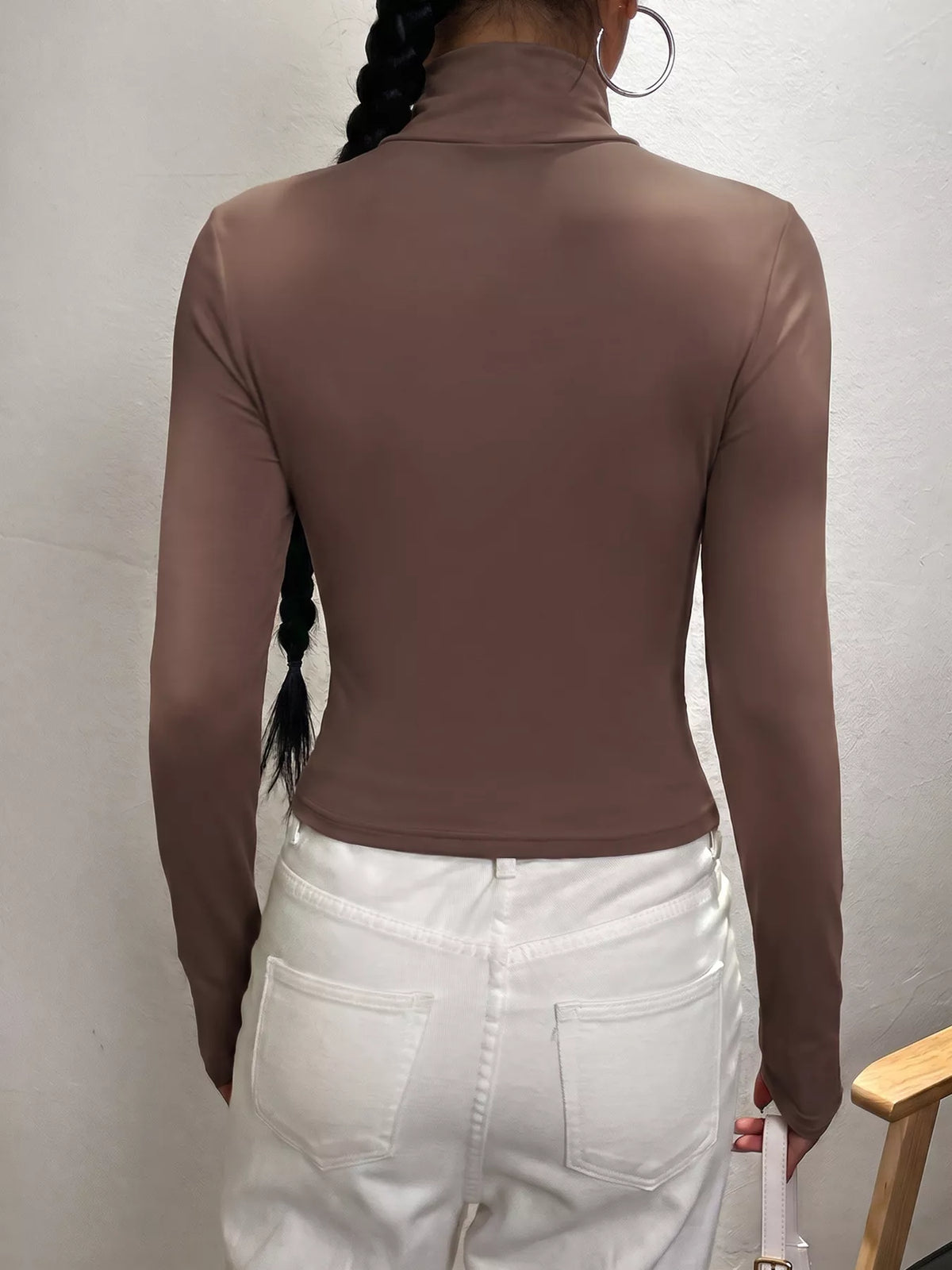 Polyester-Blend Mock Neck Long Sleeve Top