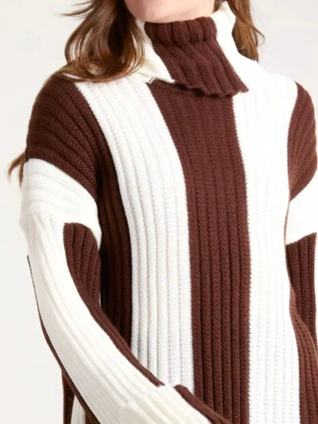 Color Block Ribbed Turtleneck Sweater by Belle Bijouix in white and brown