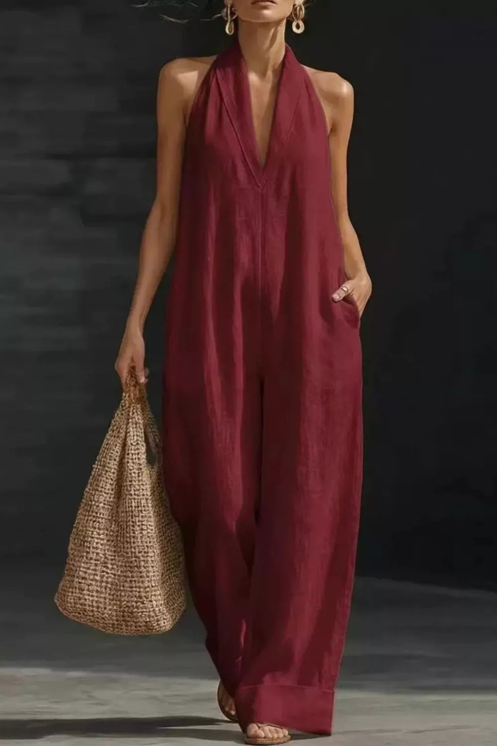 Trendsi sleeveless wide-leg burgundy jumpsuit on model