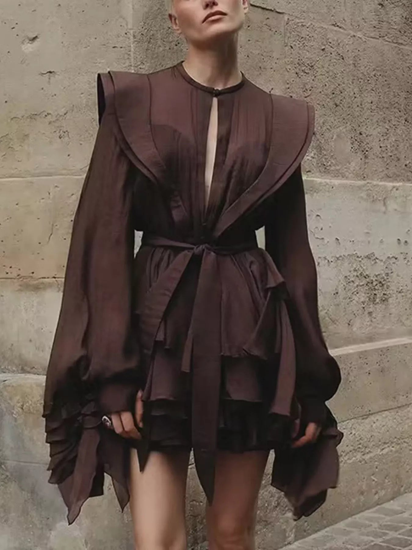 Ruffled Long Sleeve Mini Dress in deep burgundy with waist belt and tiered ruffles