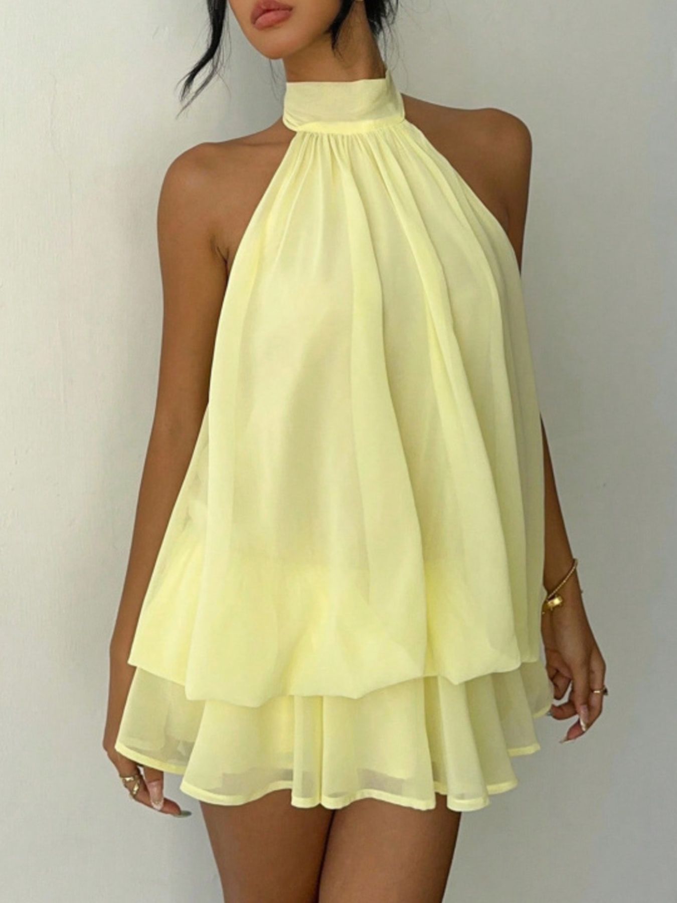 Halter Neck Layered Mini Dress by Bellebijouix in pale yellow chiffon, tiered design
