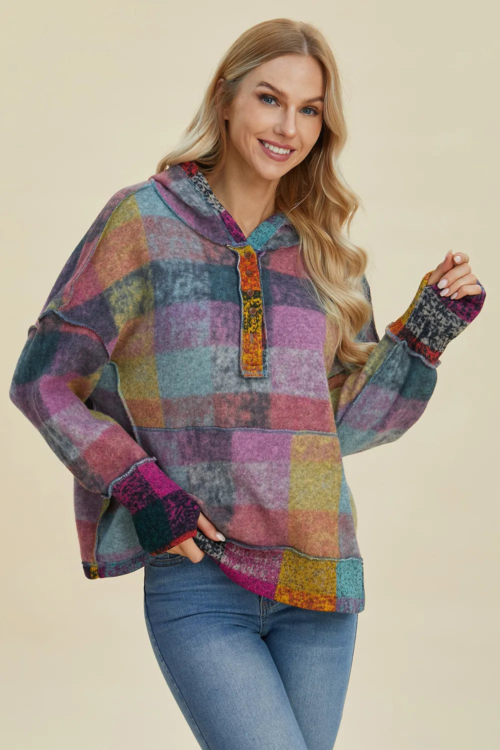 Double Take plaid fleece hoodie, oversized dropped-shoulder multicolor plaid with button placket