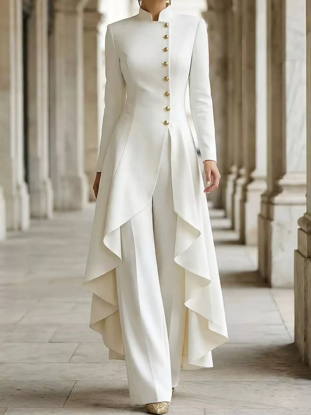 Ruffled High-Low Button Tunic & Wide-Leg Pants Set in White by Belle Bijouix – view 2 of 82