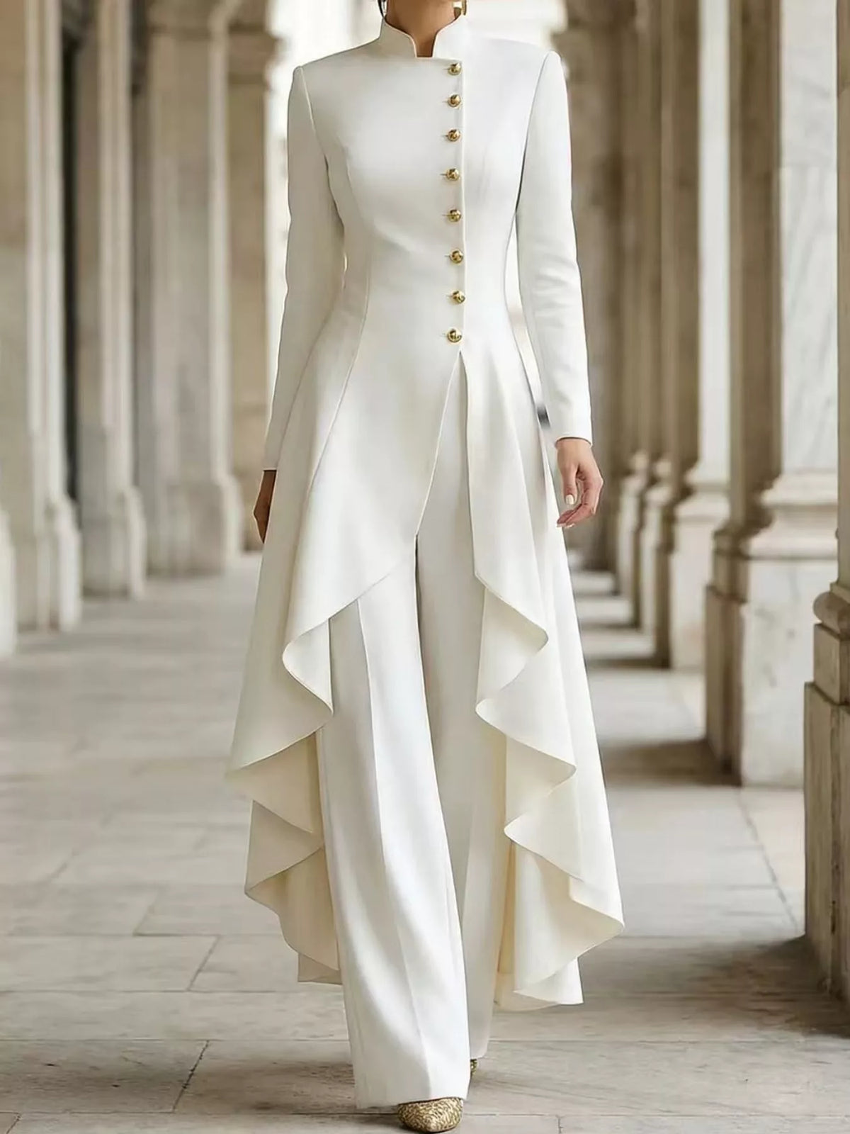 Ruffled High-Low Button Tunic & Wide-Leg Pants Set in White by Belle Bijouix – view 2 of 82