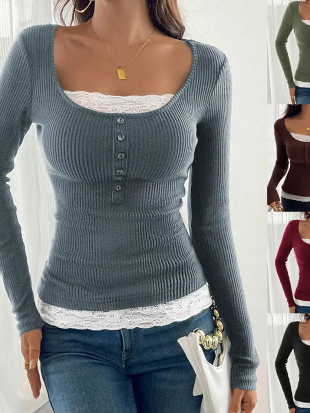 Lace Detail Long Sleeve Ribbed Top blue-gray knit by Belle Bijouix
