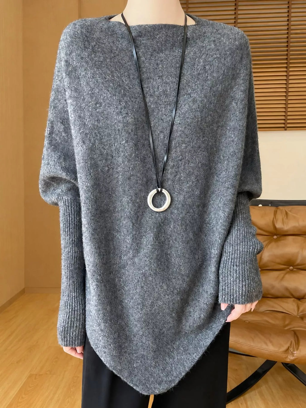 Oversized Asymmetric Wool Batwing Sweater in Dark Gray by Belle Bijouix – view 16 of 24