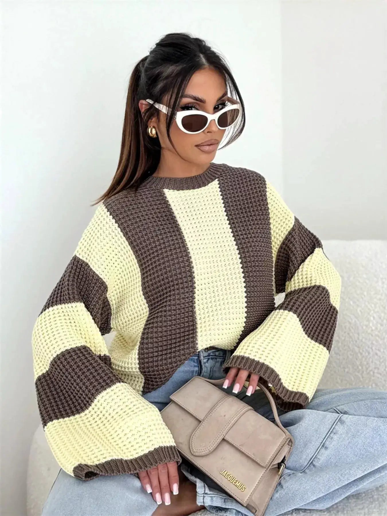Color Block Long Sleeve Sweater, oversized knit in brown, cream and pale yellow.
