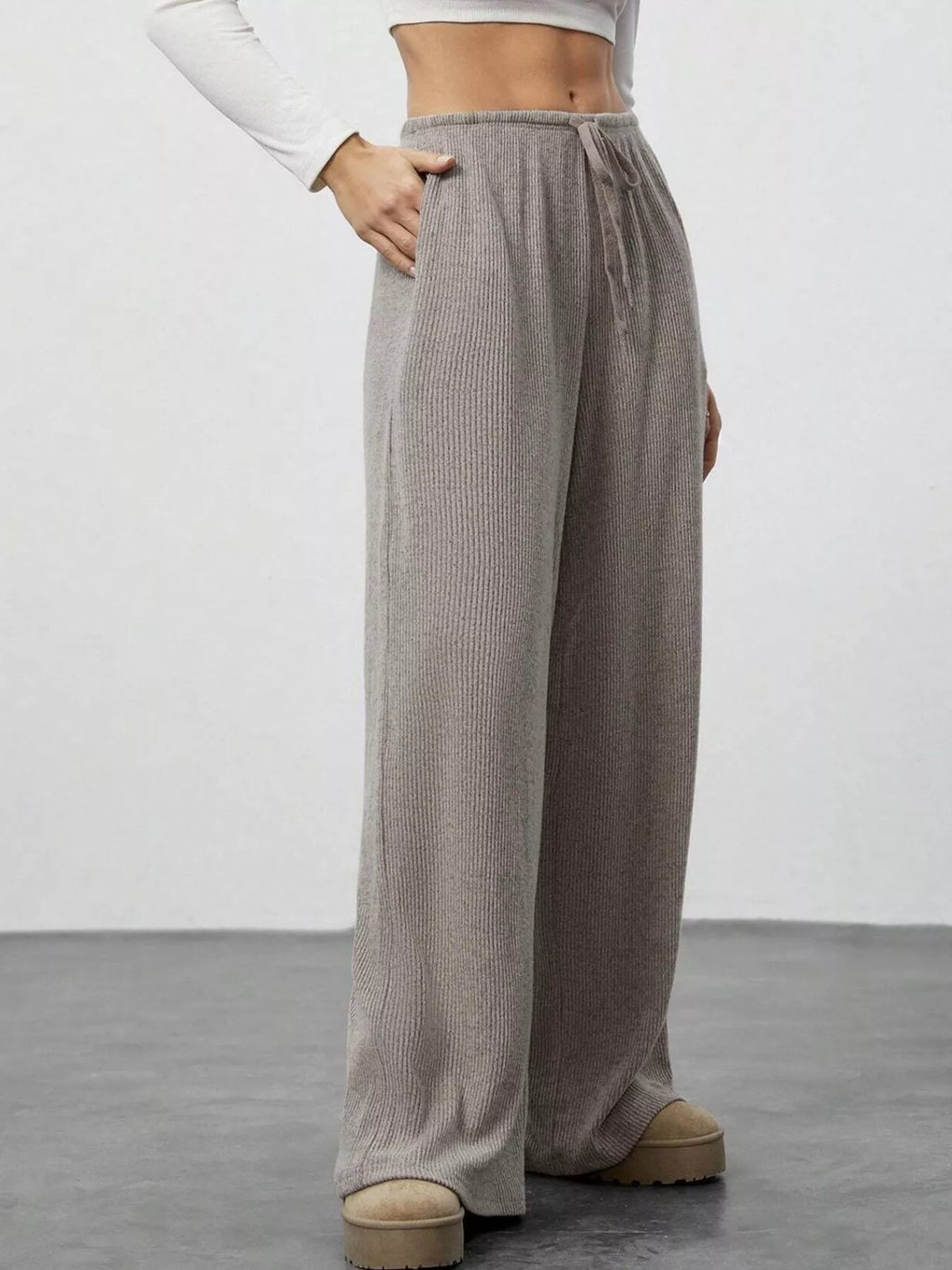 Relaxed Fit Drawstring Pants by Belle Bijouix, taupe ribbed joggers with pockets