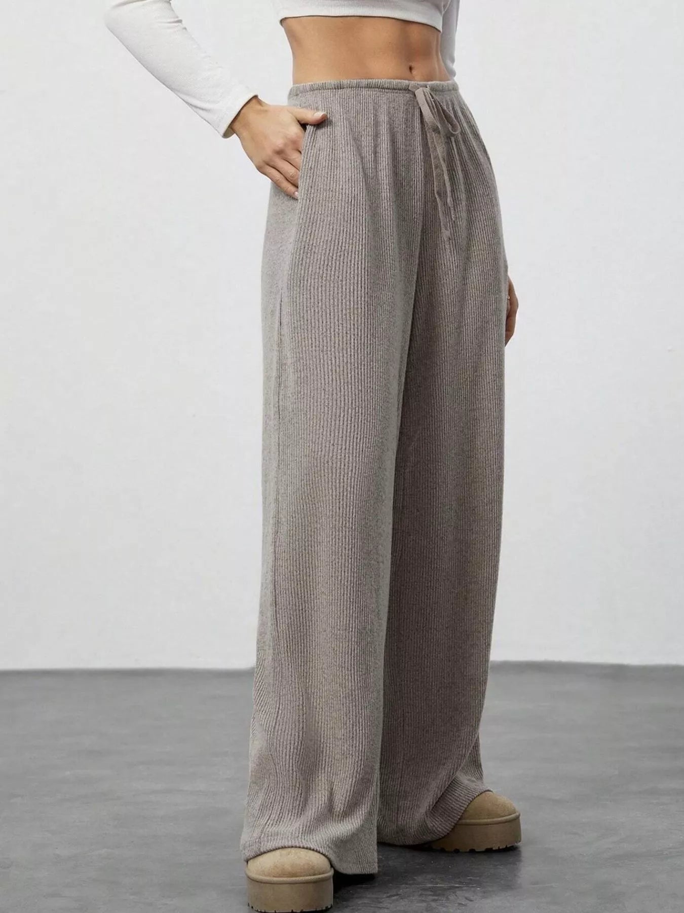 Relaxed Fit Drawstring Pants by Belle Bijouix, taupe ribbed joggers with pockets