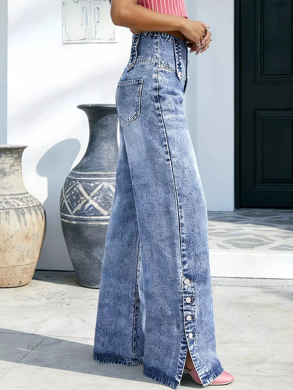 High Waisted Wide Leg Button Fly Jeans by Belle Bijouix; light-wash denim