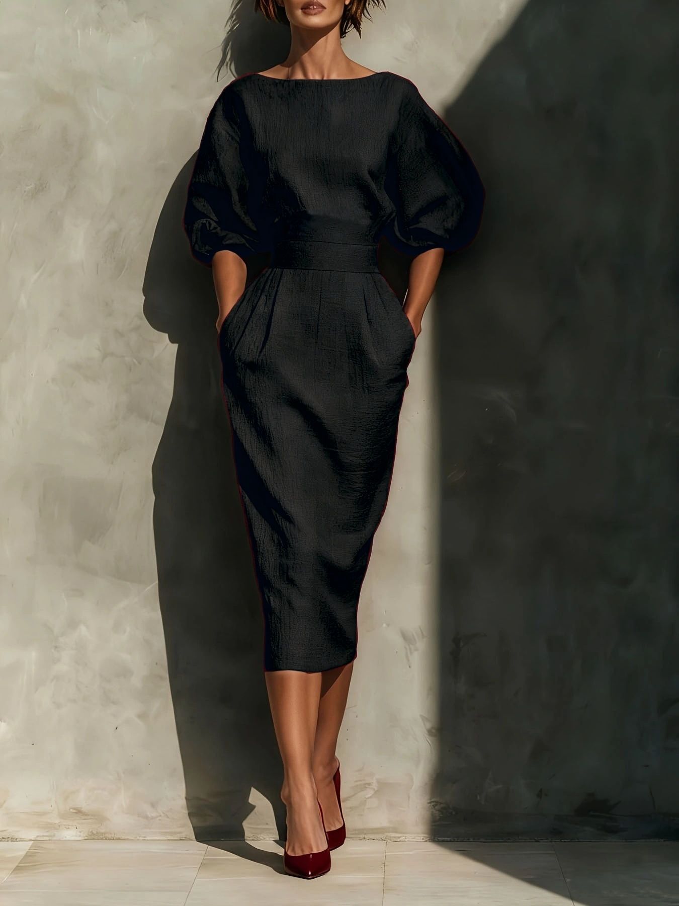 Round Neck Puff Sleeves Midi Dress in black textured fabric, midi-length
