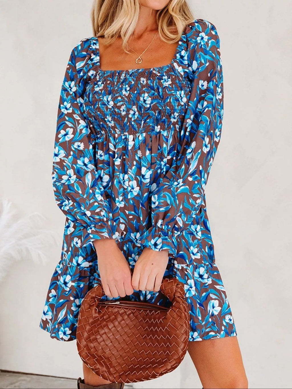 Smocked Bodice High Waist Ruffled Sleeve Floral Dress in blue floral print on brown, mini length
