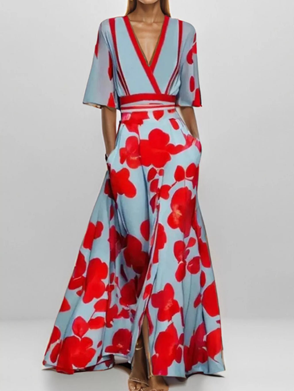 Floral Print Half-Sleeve Maxi Dress with Pockets in blue with red flowers, by Trendsi