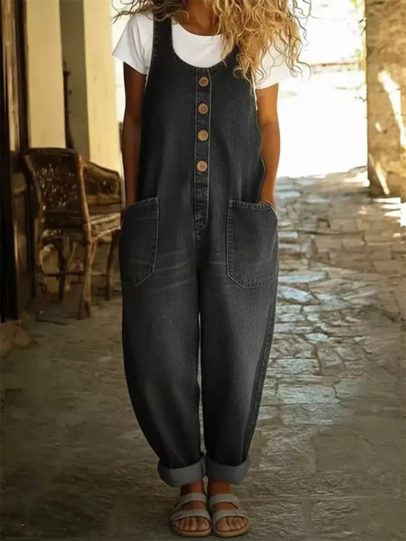 Full-size button-detail wide-strap denim jumpsuit, plus size, with front pockets