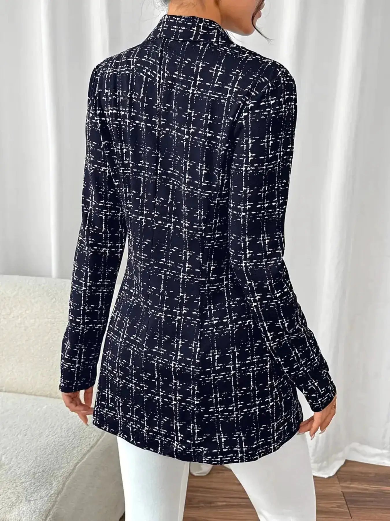 Tweed double-breasted blazer, navy with white check pattern, longline sport jacket