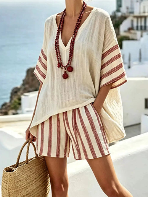 Full-size striped 3/4 sleeve top and shorts set, cream with red stripes, plus size