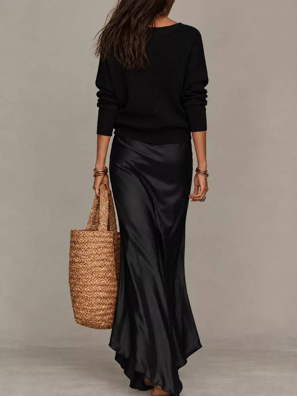V-Neck Sweater & Satin Slip Maxi Dress Set in Black by Belle Bijouix – view 7 of 41
