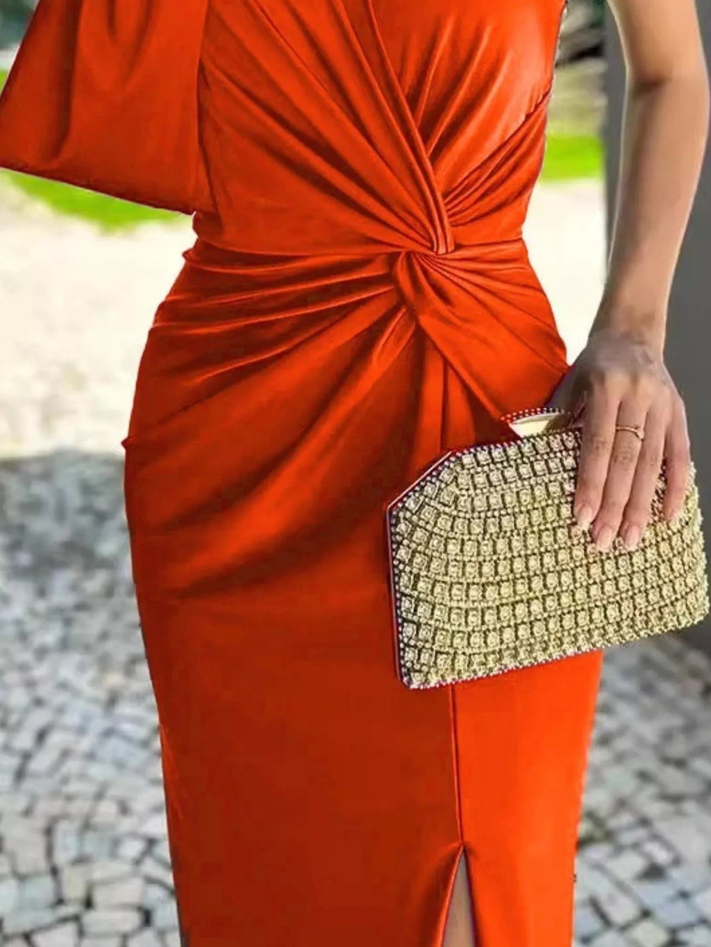 Full-Size One-Shoulder Knot-Detail Maxi Dress in orange with front slit, plus size
