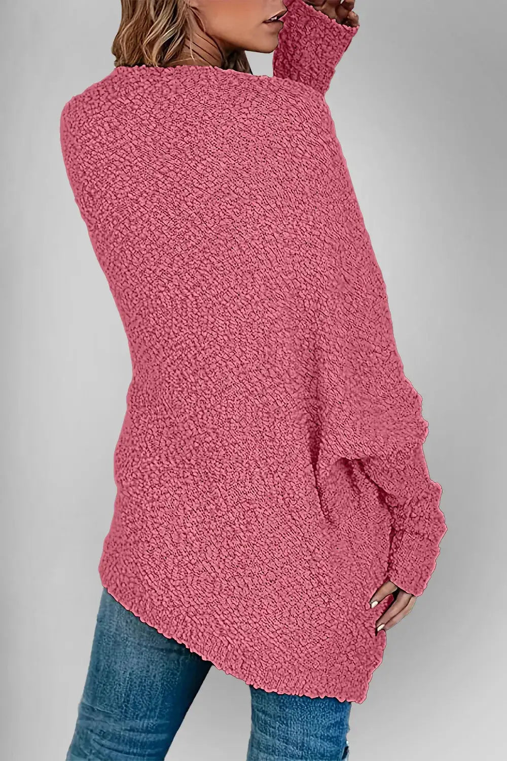 Double Take pocketed open-front long-sleeve cardigan by Belle Bijouix in pink sherpa knit.