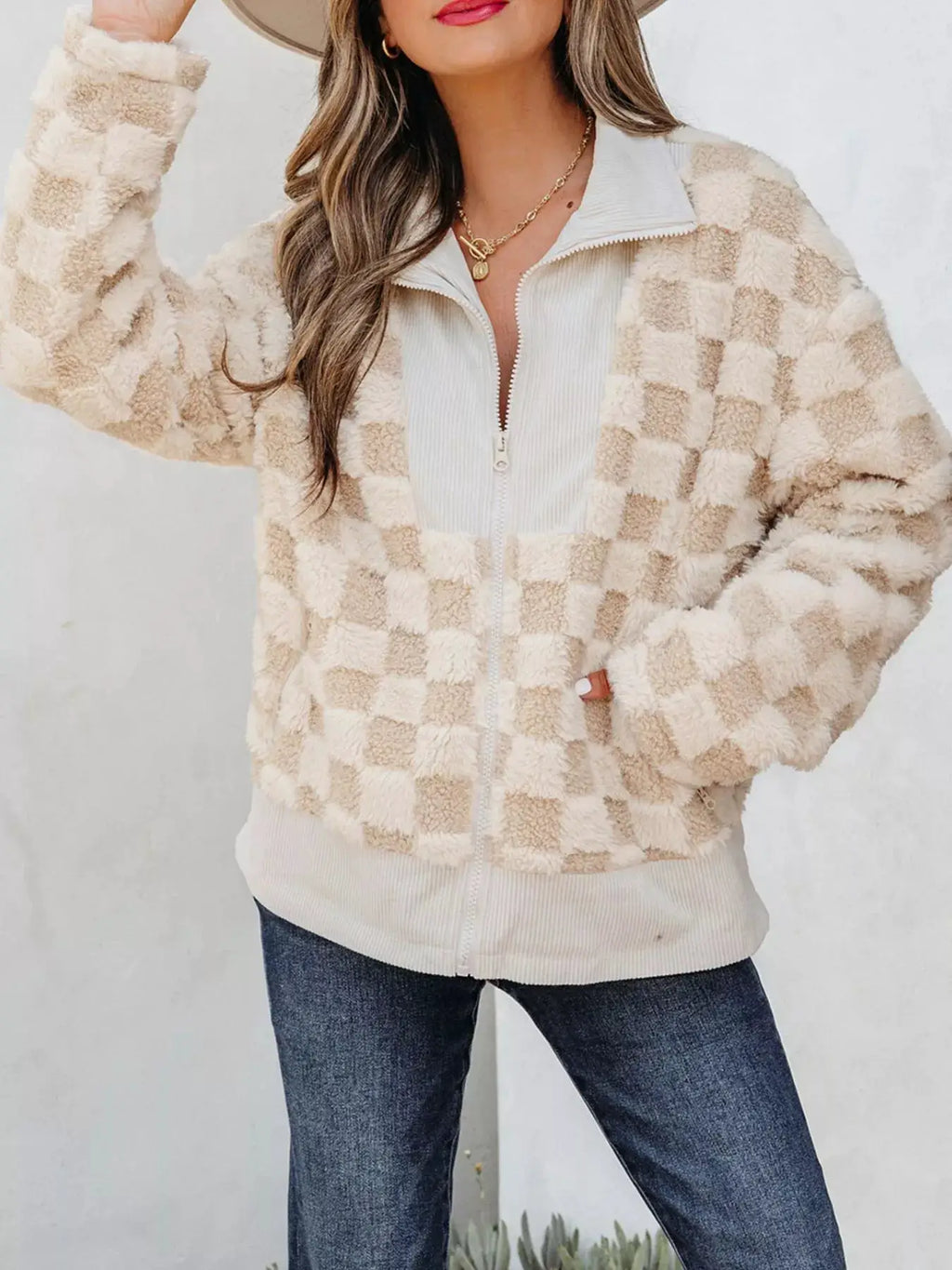 Checker Sherpa Corduroy Patchwork Zip-Up Jacket in beige cream with pockets