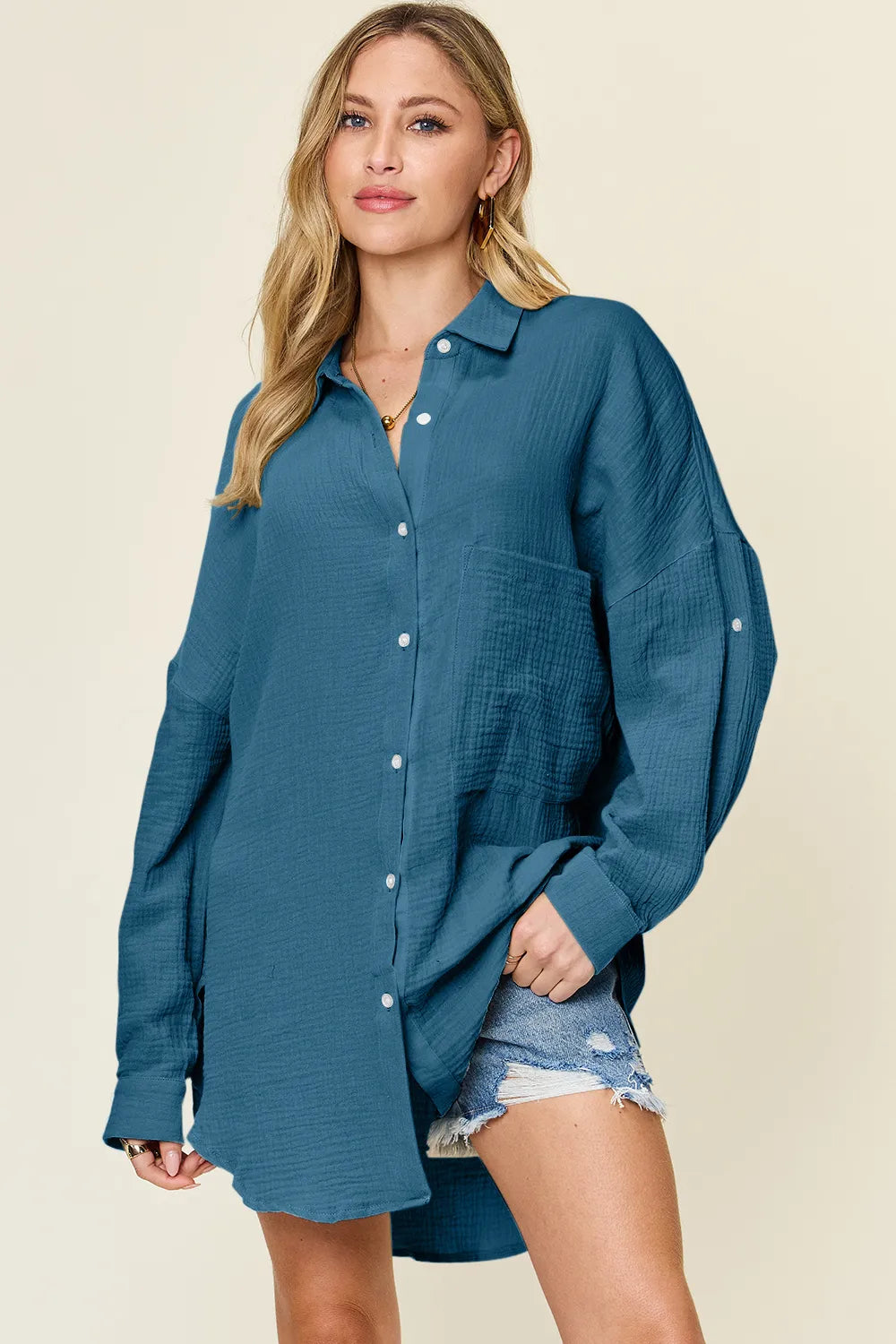 Tops: Belle Bijouix Double Take Full Size Pocketed Texture Button-Up Shirt in teal blue.