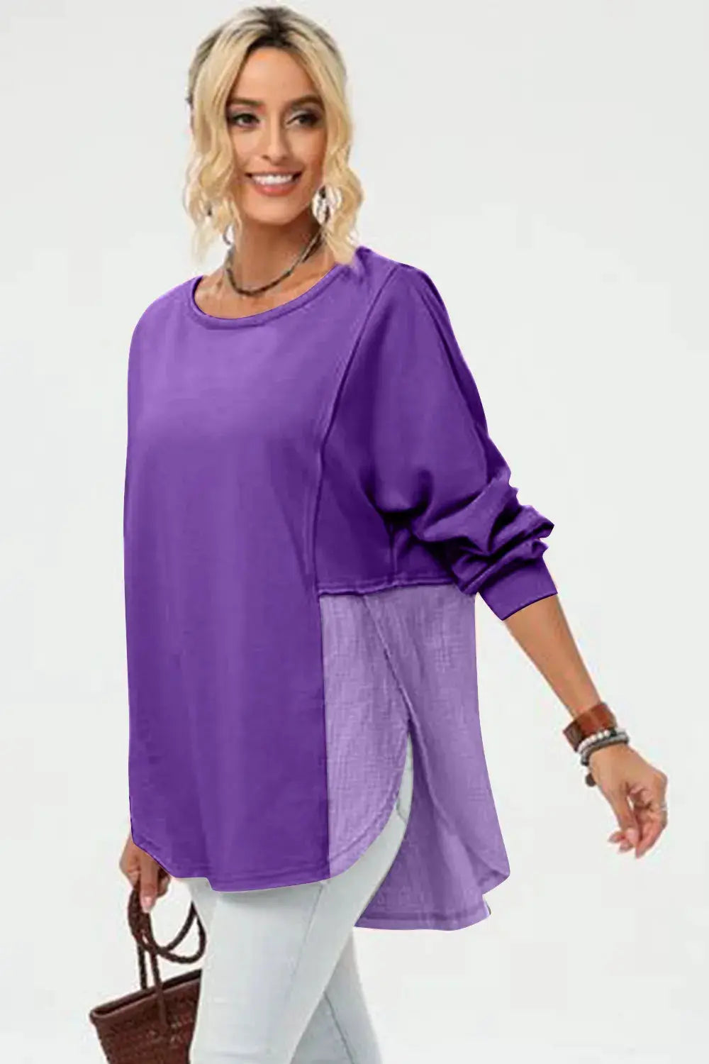 Double Take Full Size Long Sleeve High-Low T-Shirt, purple top with side slit and curved hem, relaxed oversized fit.
