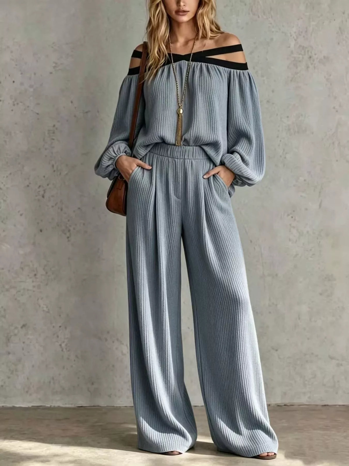 Off-Shoulder Crisscross Top & Wide-Leg Pants Set by Belle Bijouix – view 4 of 12