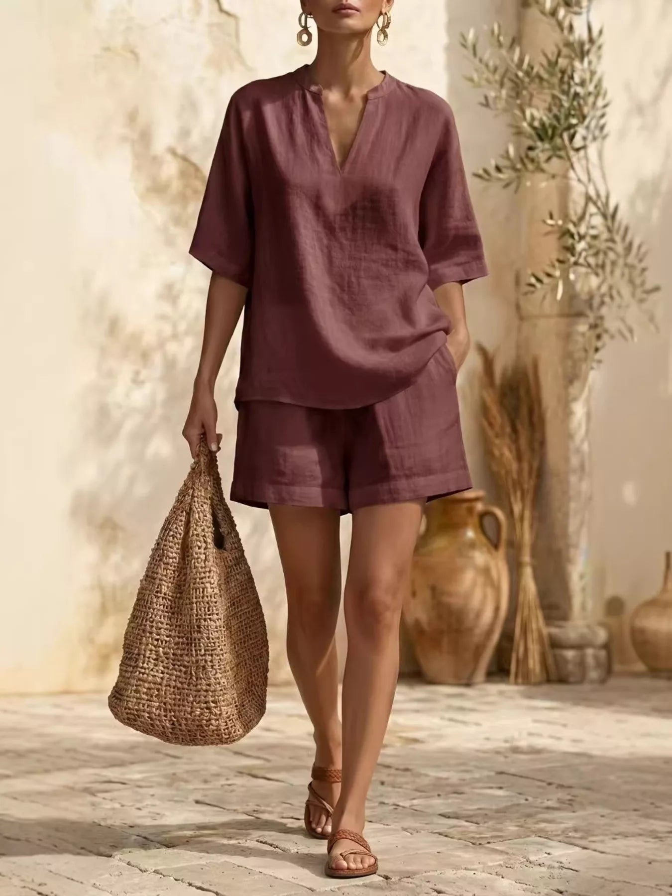 Trendsi 2-piece full-size notched half-sleeve top and shorts set in burgundy linen-look, plus size