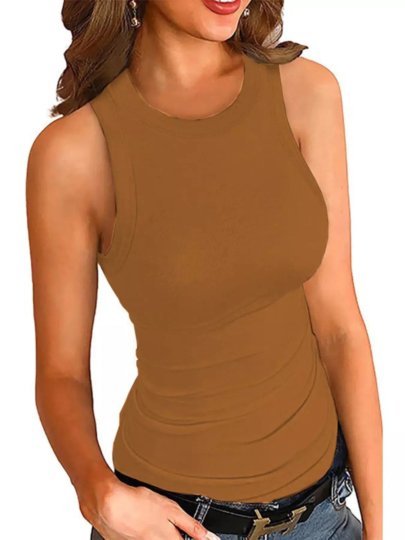 Full Size ribbed round-neck tank top for plus sizes in camel color by Trendsi
