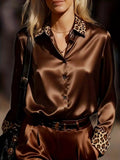 Belle Bijouix brown satin button-up shirt with leopard-print collar and cuffs, long sleeves