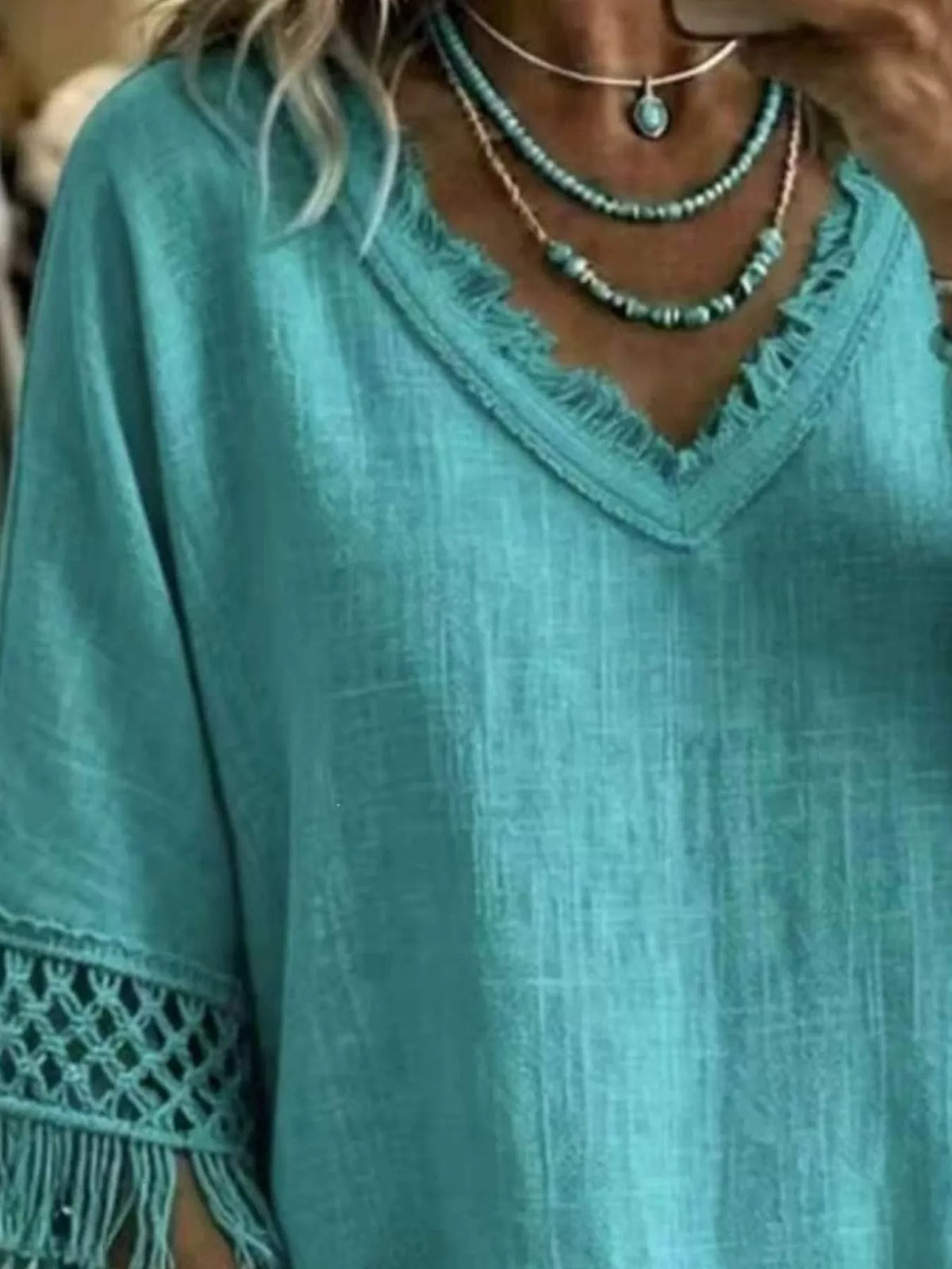 Fringe Trim V-Neck Loose Fit Blouse