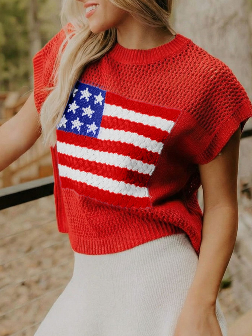 American Flag knitted short-sleeve sweater by Trendsi in red with blue star panel and white stripes.