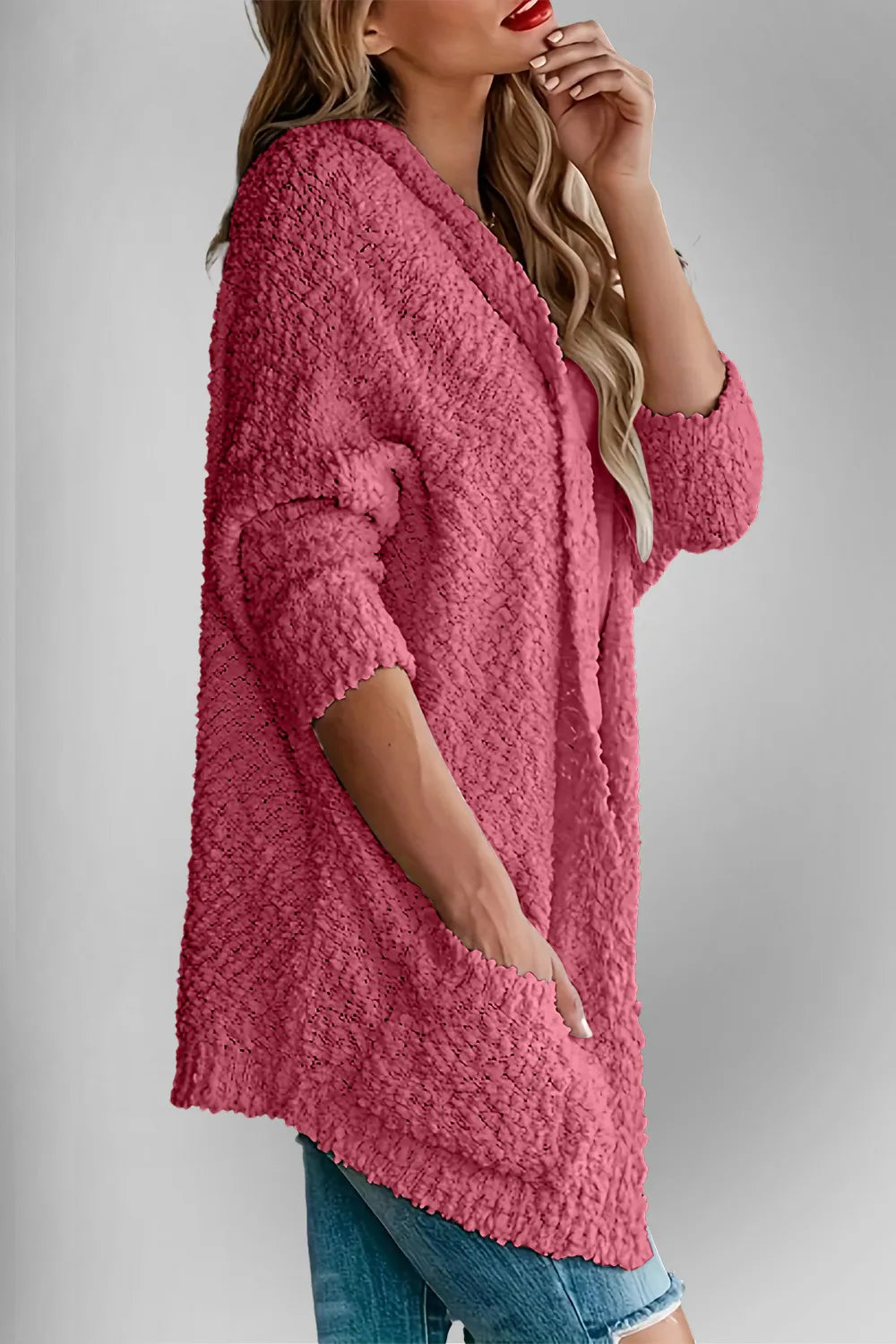 Double Take Pocketed Open Front Long Sleeve Cardigan by Belle Bijouix in pink textured knit with pockets