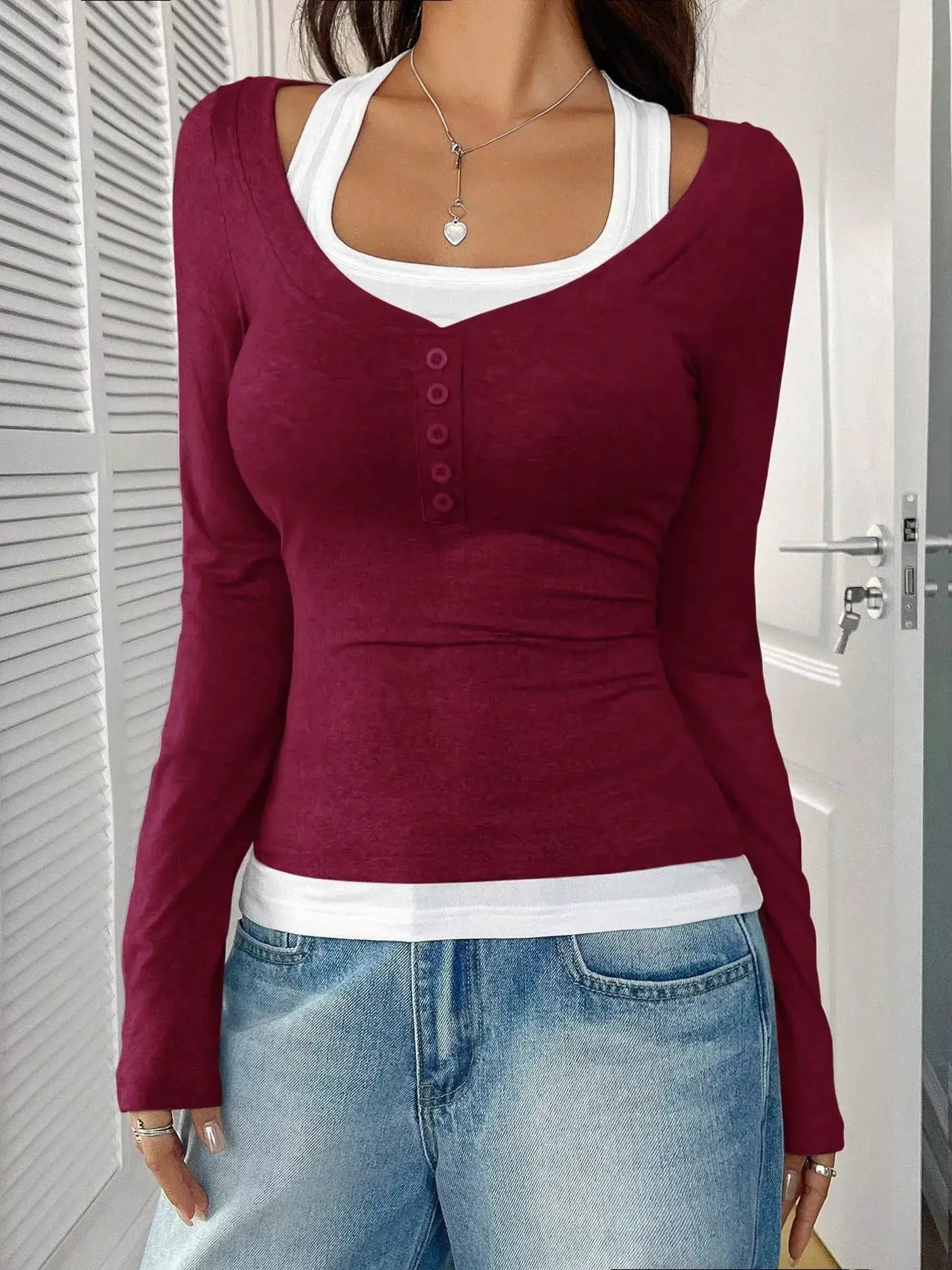 Scoop Neck Long Sleeve T-Shirt, burgundy with button placket and white layered neckline