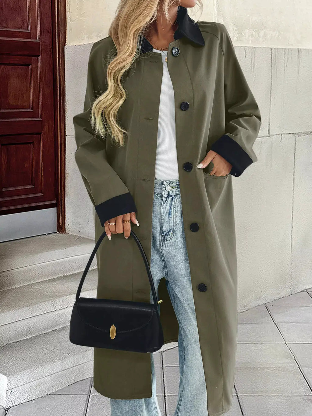 Contrast Collar Button Up Coat by Belle Bijouix, olive green with black cuffs, front pockets