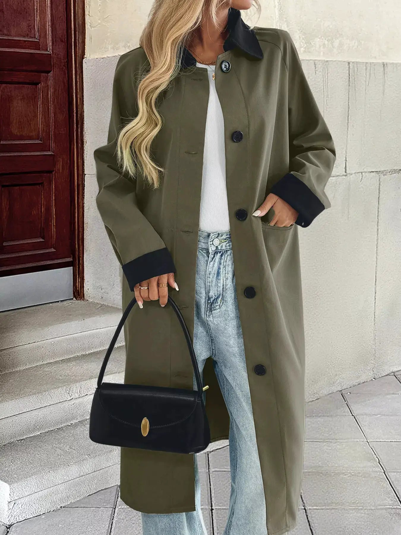 Contrast Collar Button Up Coat by Belle Bijouix, olive green with black cuffs, front pockets
