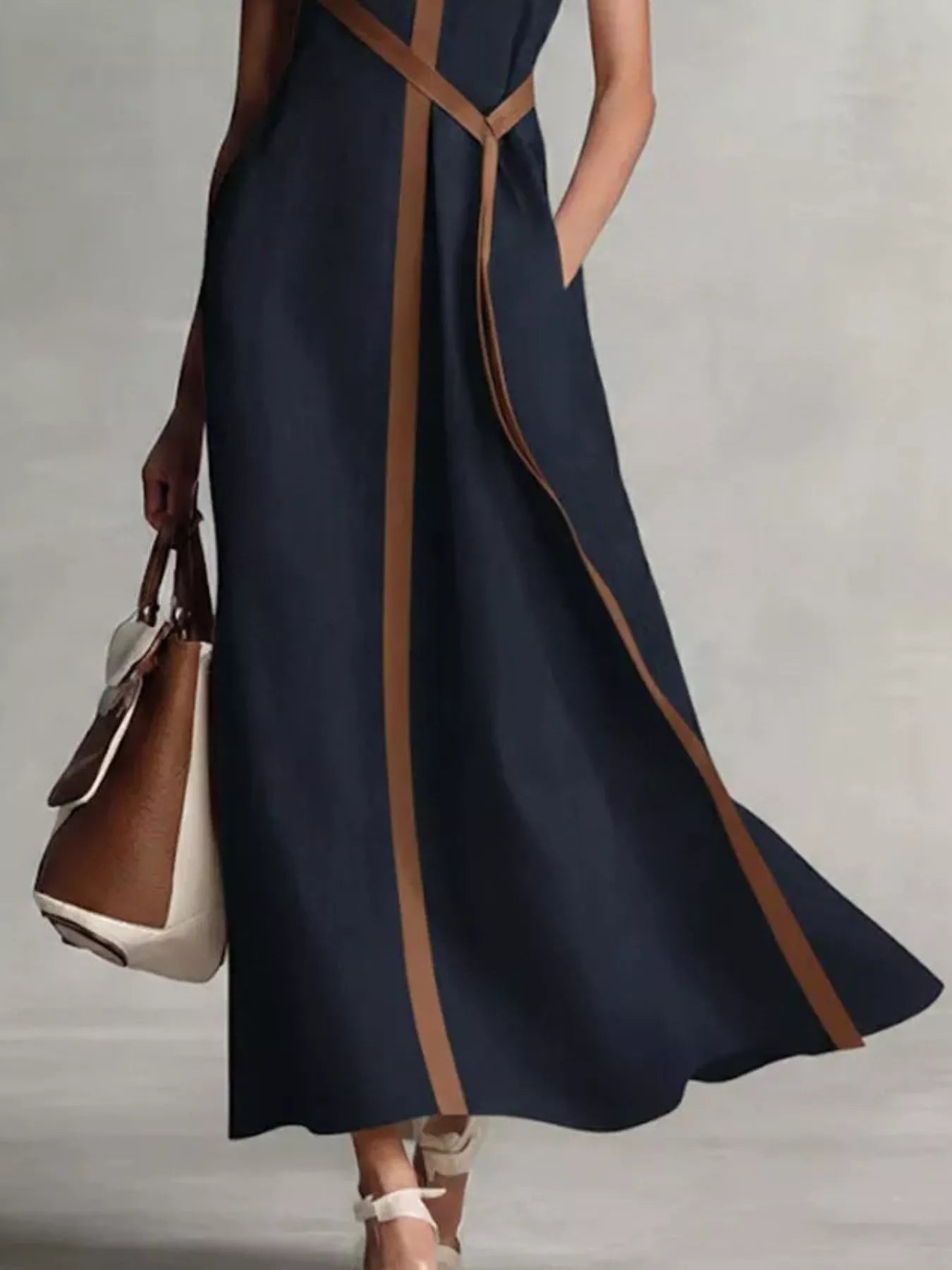 Trendsi navy sleeveless maxi dress with tan contrast trim and waist tie; plus size