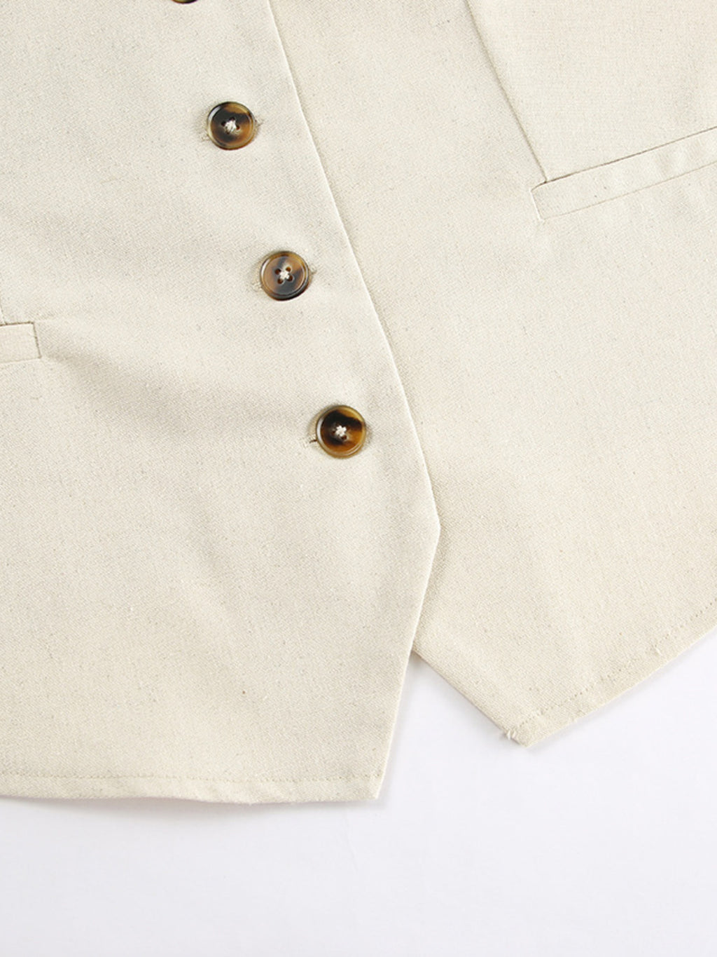 Button Up Vest and Shorts Set by Belle Bijouix in cream fabric with tortoiseshell buttons, pocketed