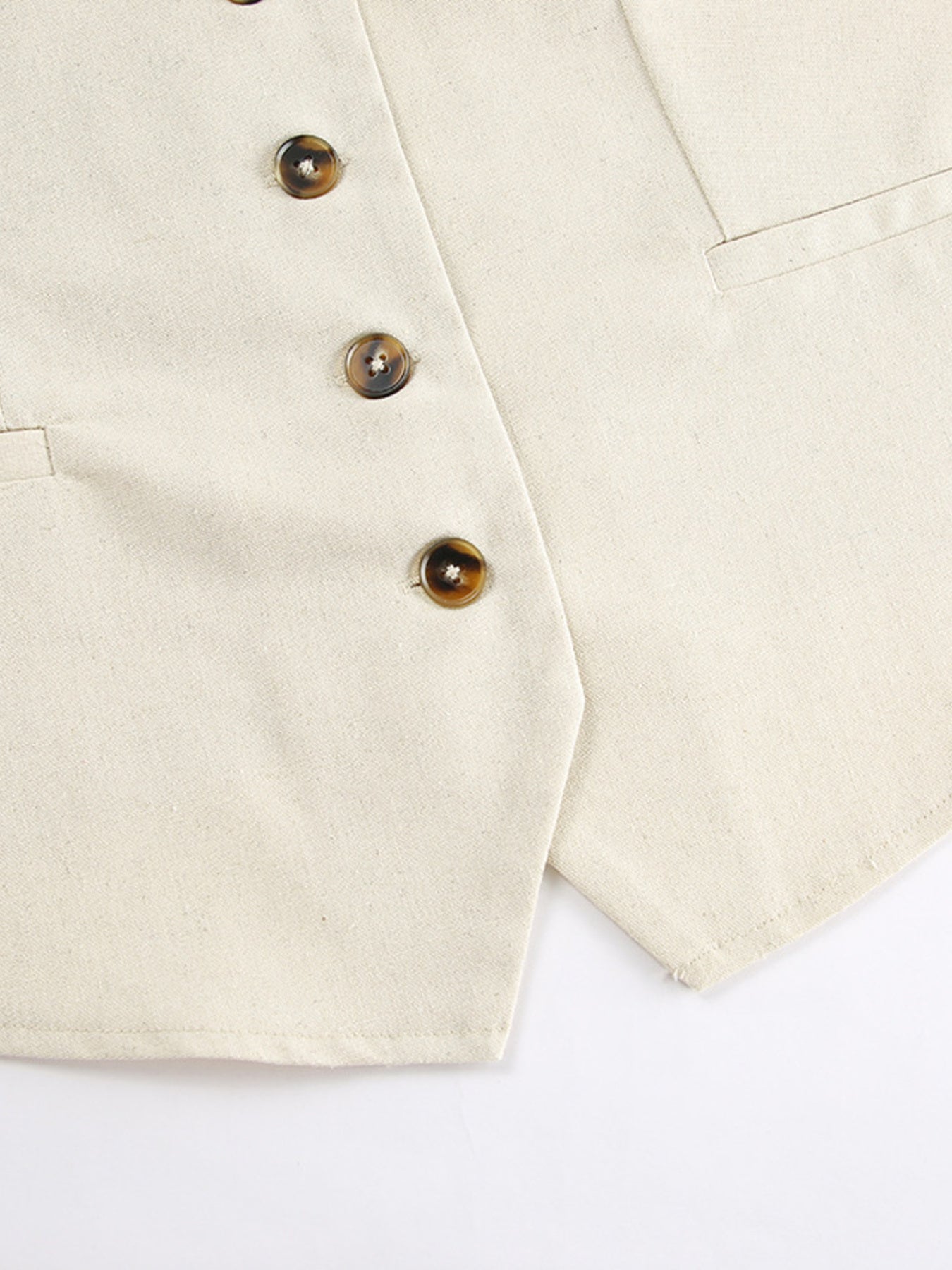 Button Up Vest and Shorts Set by Belle Bijouix in cream fabric with tortoiseshell buttons, pocketed
