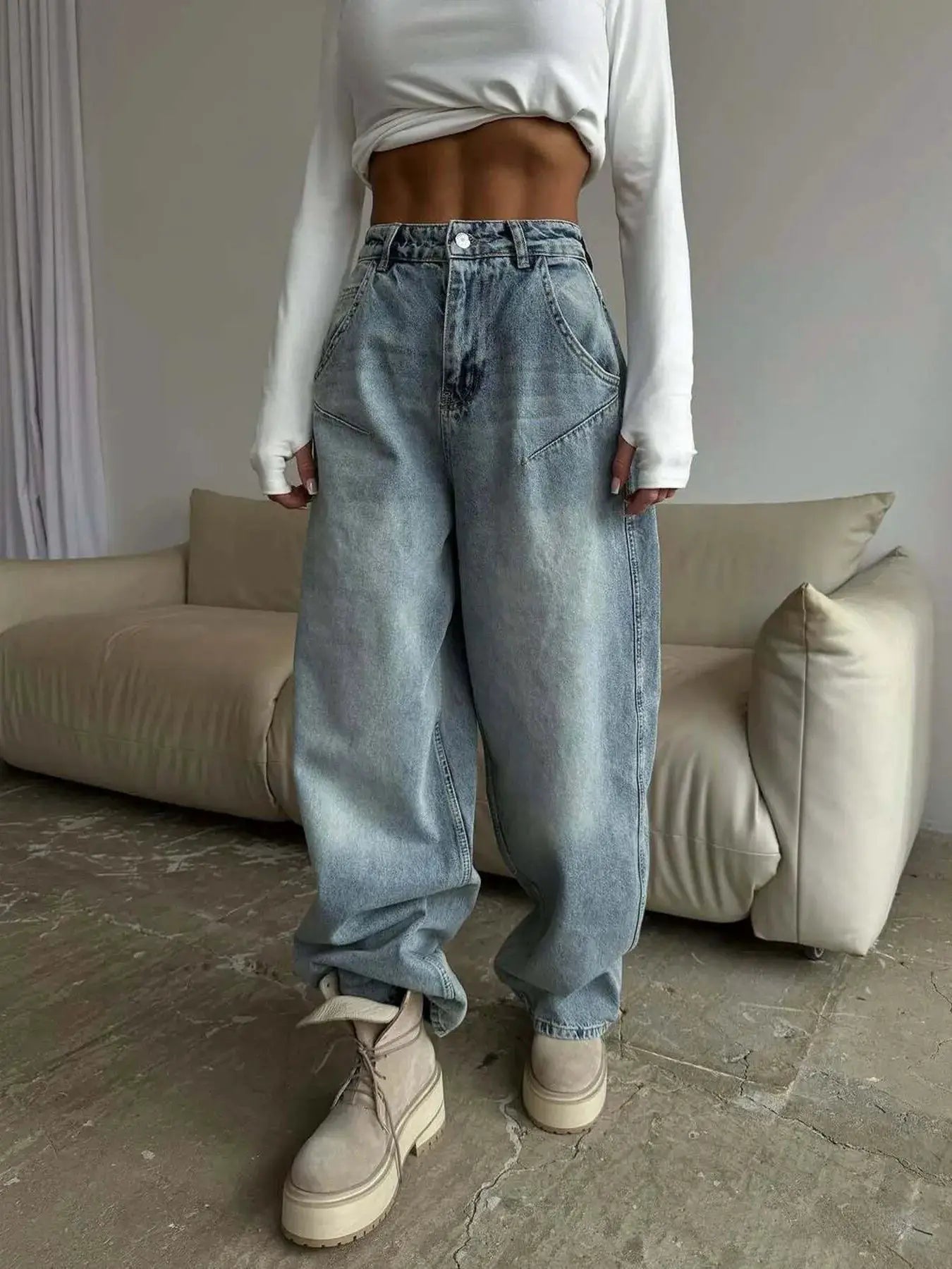 Wide Leg Jeans by Belle Bijouix, light-wash denim with pockets, high-waisted bottoms