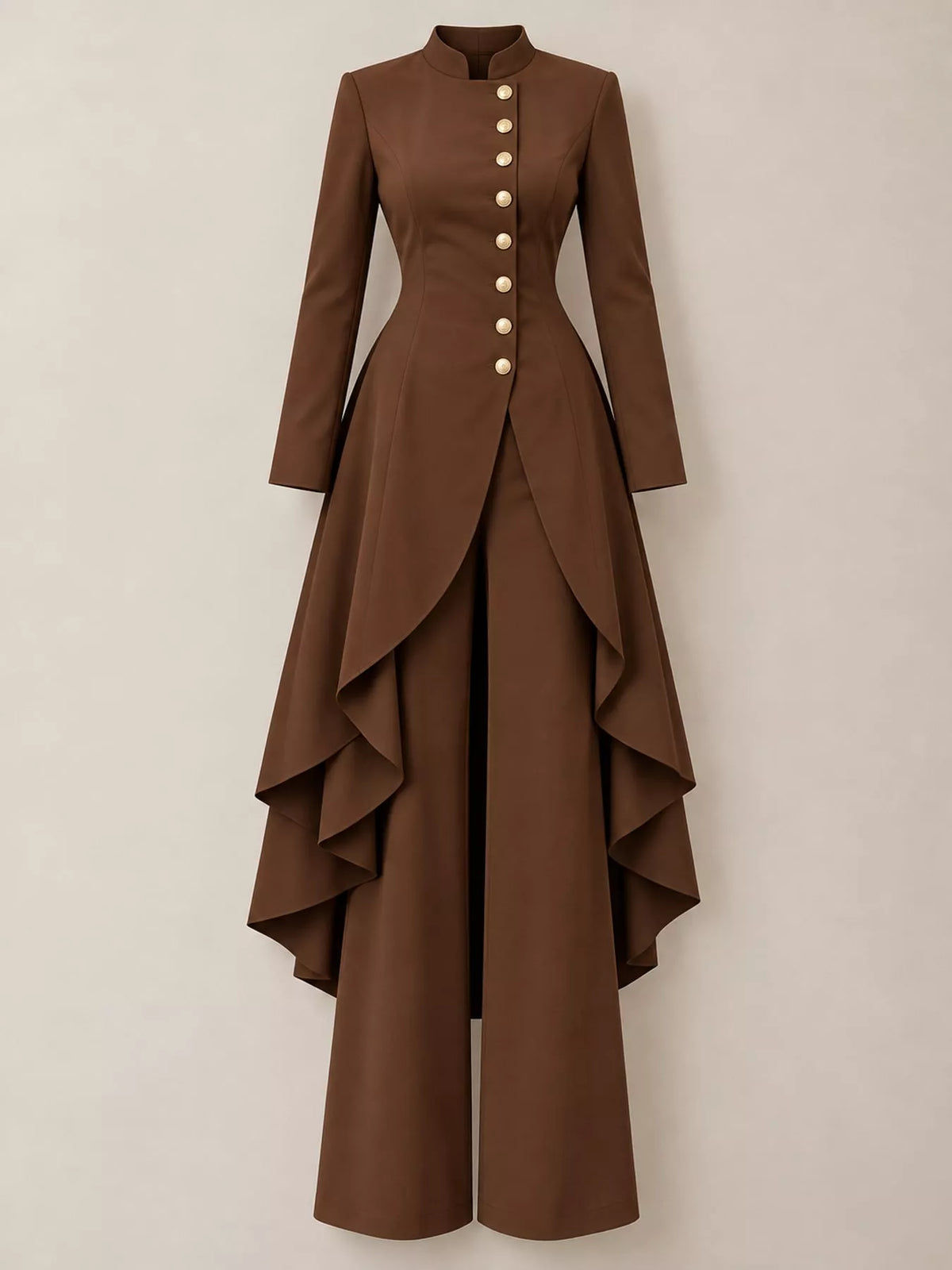 Ruffled High-Low Button Tunic & Wide-Leg Pants Set in Dark Brown by Belle Bijouix – view 51 of 82