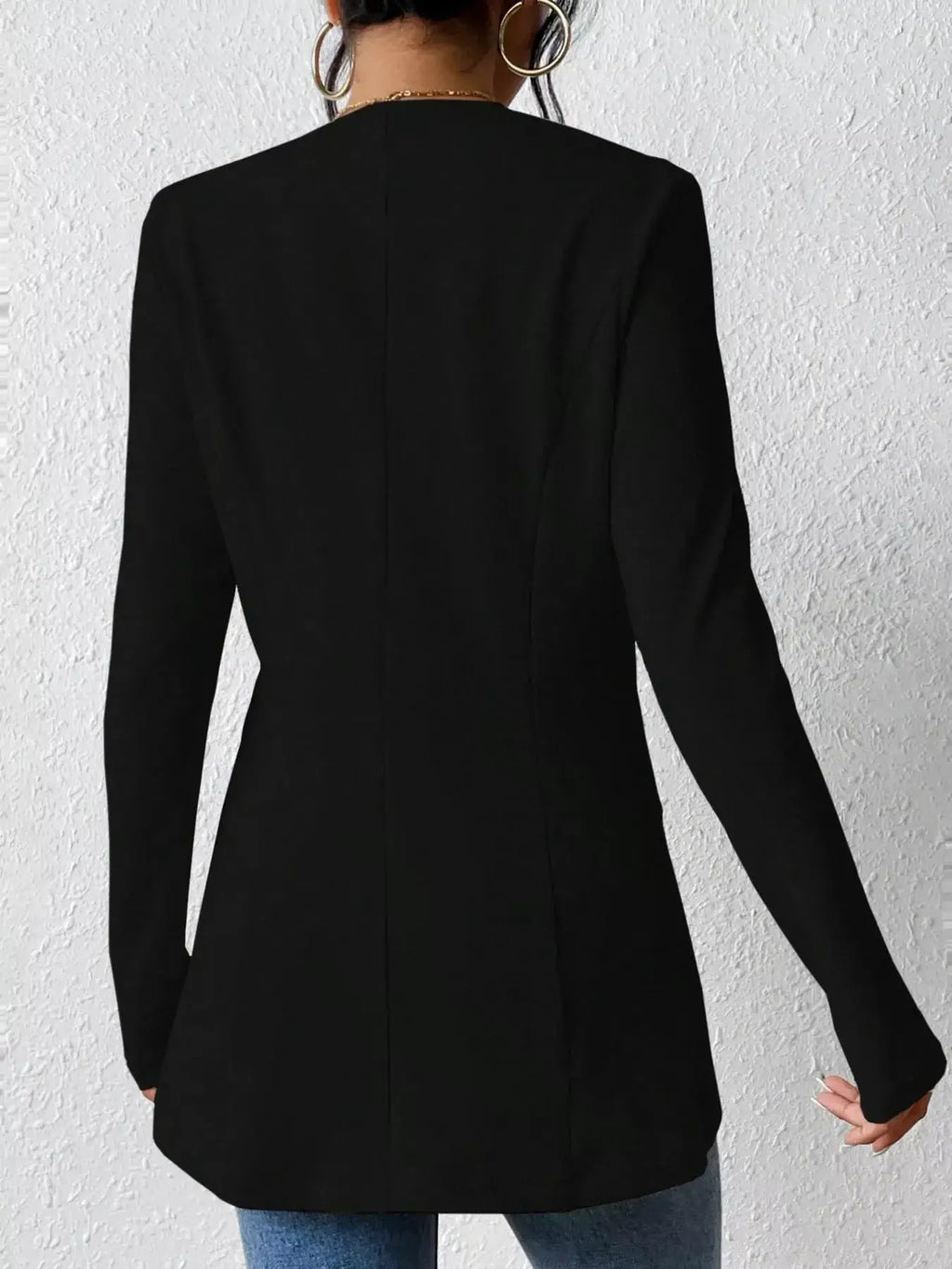 Single-Button Long Sleeve Black Blazer, back view, TOPS